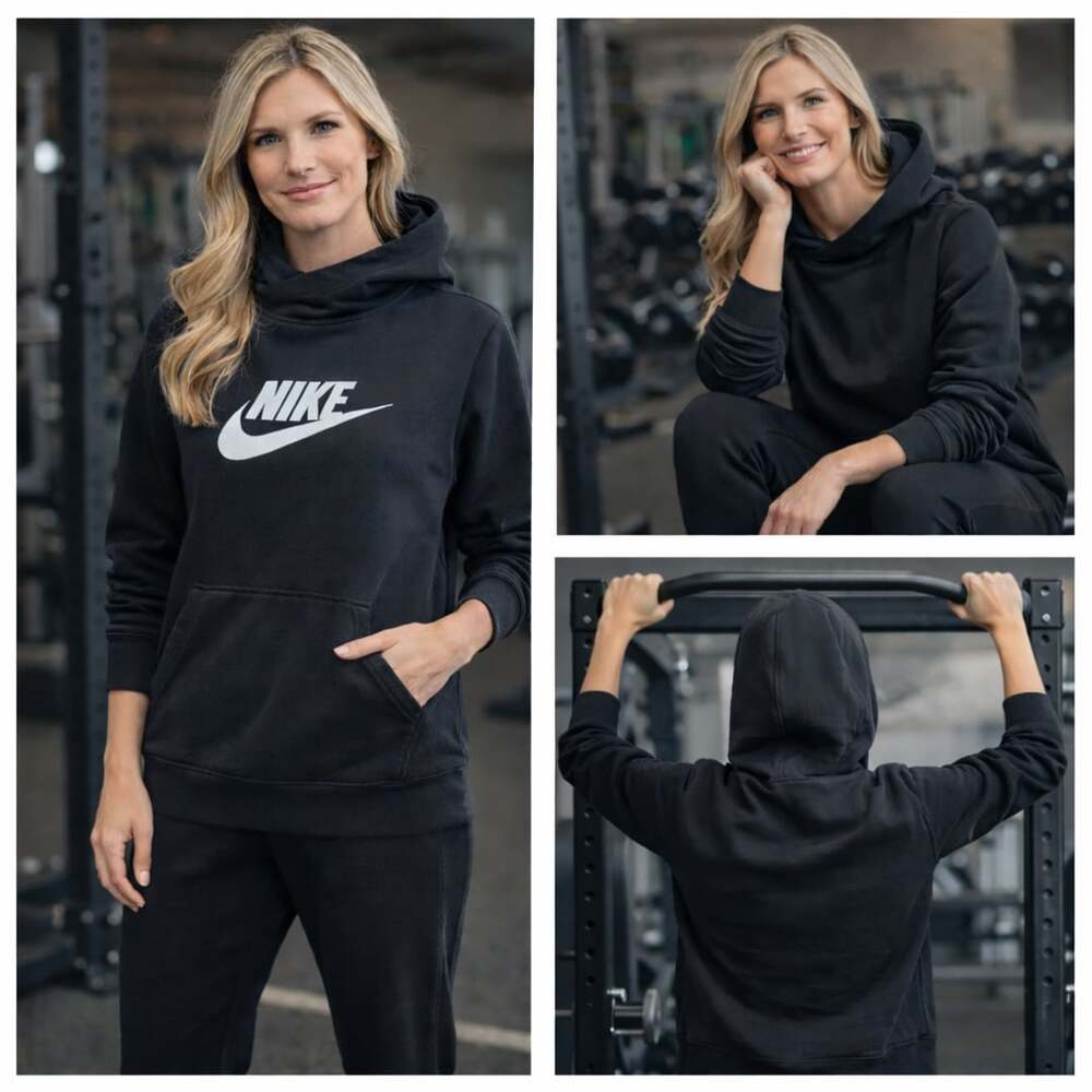 Nike Sportswear Funnel Neck Hoodie Women’s L Black Script Swoosh Pullover